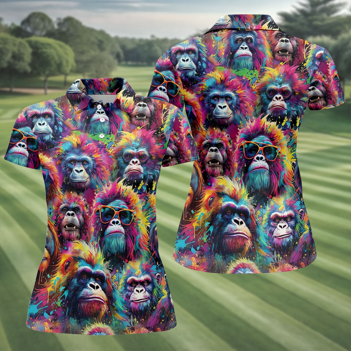 Street Art Style Cool Gorilla Hawaiian Golf Shirt, Tropical Theme Golf Shirt For Women