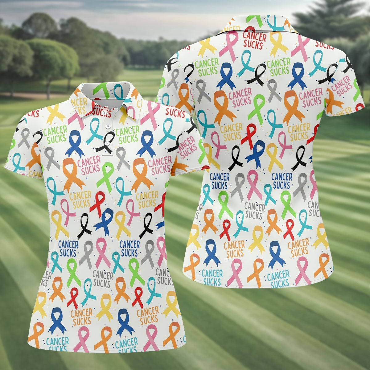 Cancer Sucks Multicolor Awareness Ribbon Polo Shirt, Ladies Golf Tops, Women’s Golf Polo
