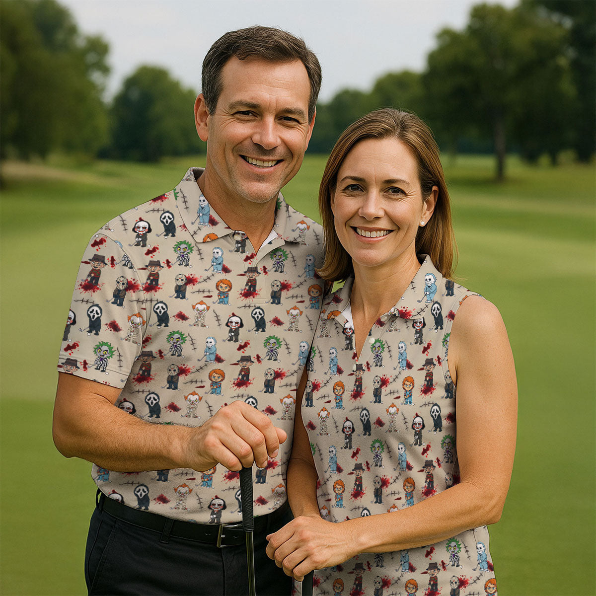 Cute Horror Character Golf Pattern Polo Shirt, Mens Golf Shirts, Hawaiian Golf Shirt