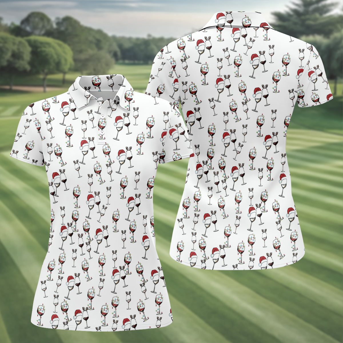 Christmas Wine Glass With Colorful Lighting White Golf Shirt, Christmas Golf Shirt, Women's Golf Tops