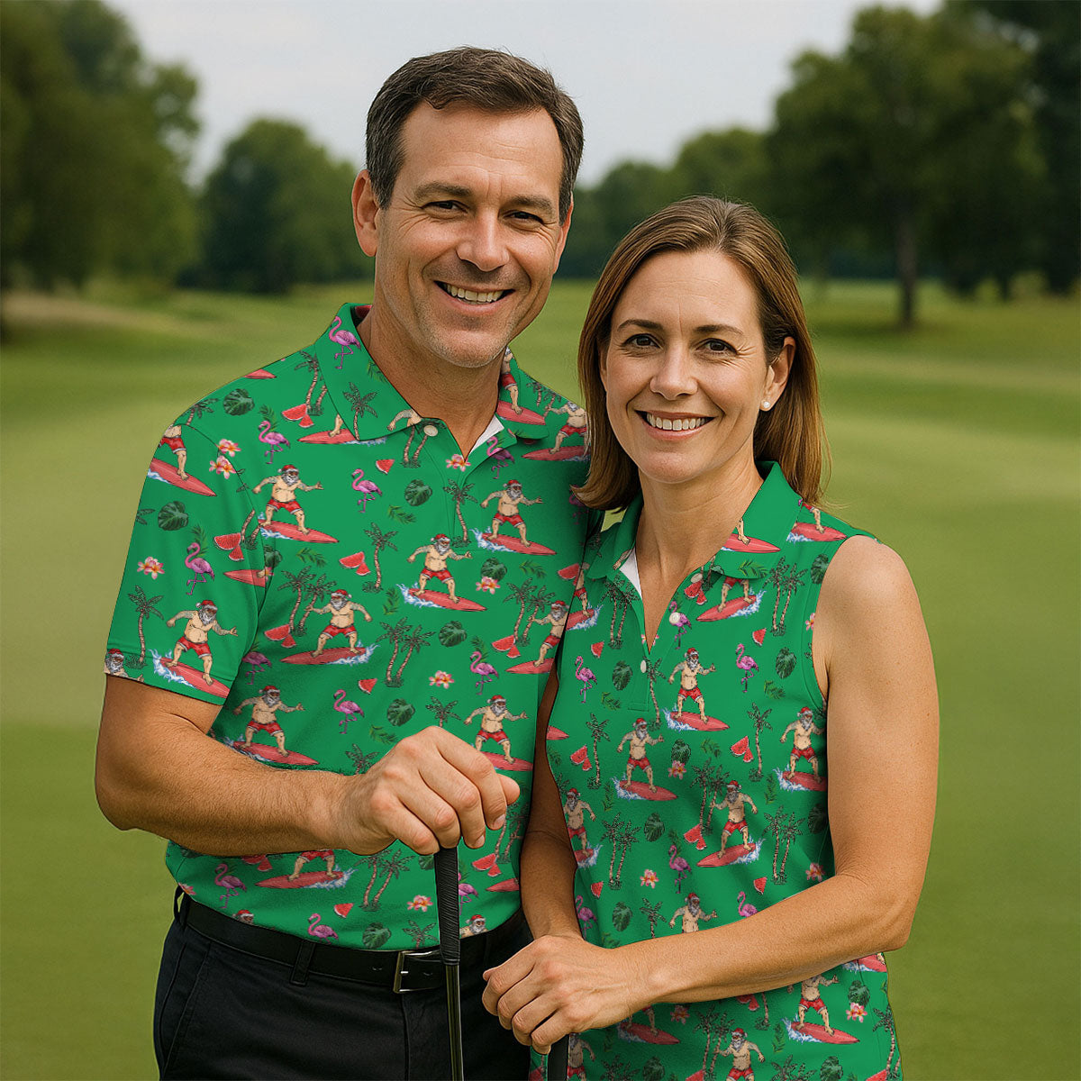 Surfing Santa Tropical Beach Golf Polo Shirt, Christmas Golf Shirt, Women’s Golf Apparel, Golf Polo For Women