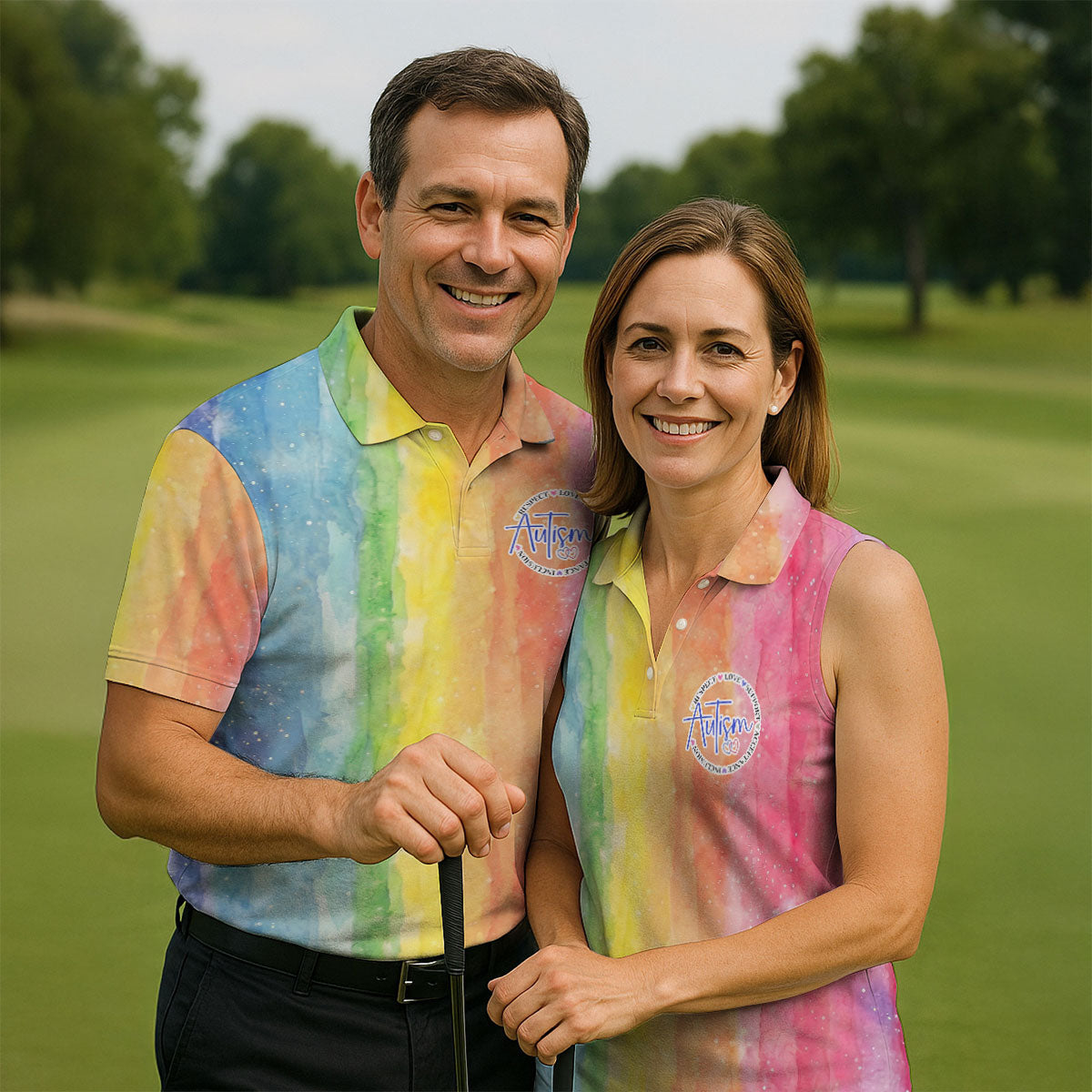 Autism Awareness Watercolor Rainbow Men's Golf Shirt, Polo Shirts For Men, Golf Shirts For Men