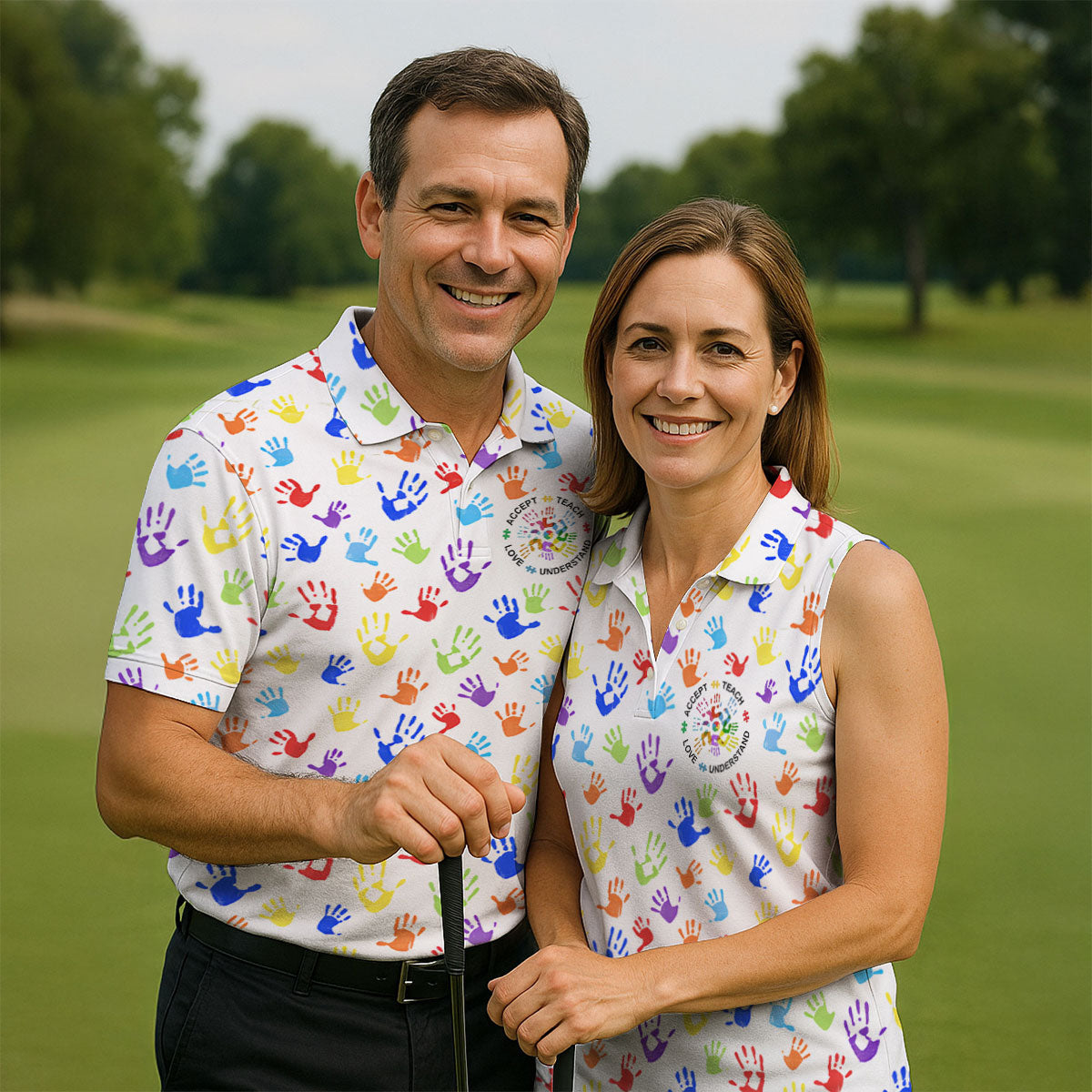 Accept Teach Understand Love Autism Awareness Colorful Handprint White Golf Shirt, Golf Shirts For Men