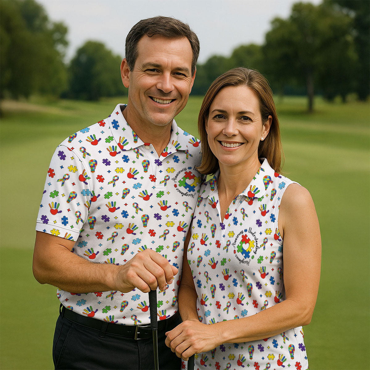 Awareness Understanding Acceptance Autism Ribbon White Golf Shirt, Autism Awareness Colors Women's Golf Tops