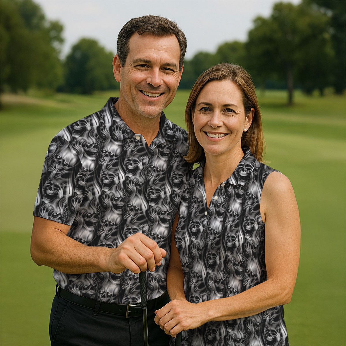 Dark Grim Reaper Skull Pattern Golf Polo Shirt, Mens Golf Polo, Golf Apparel For Men