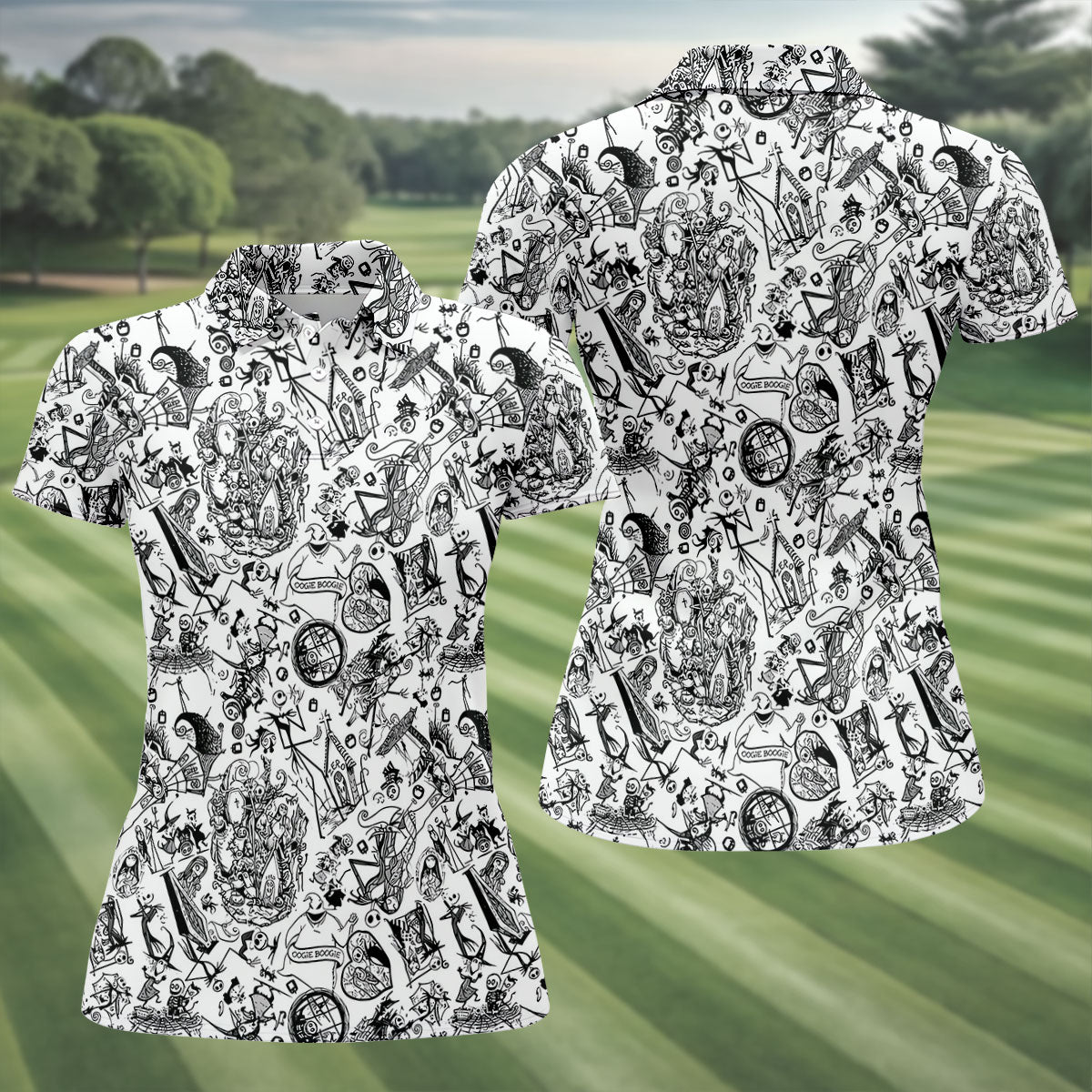 Doodle Horror Character Halloween Polo Shirt, Golf Tops For Women, Women's Golf Shirt