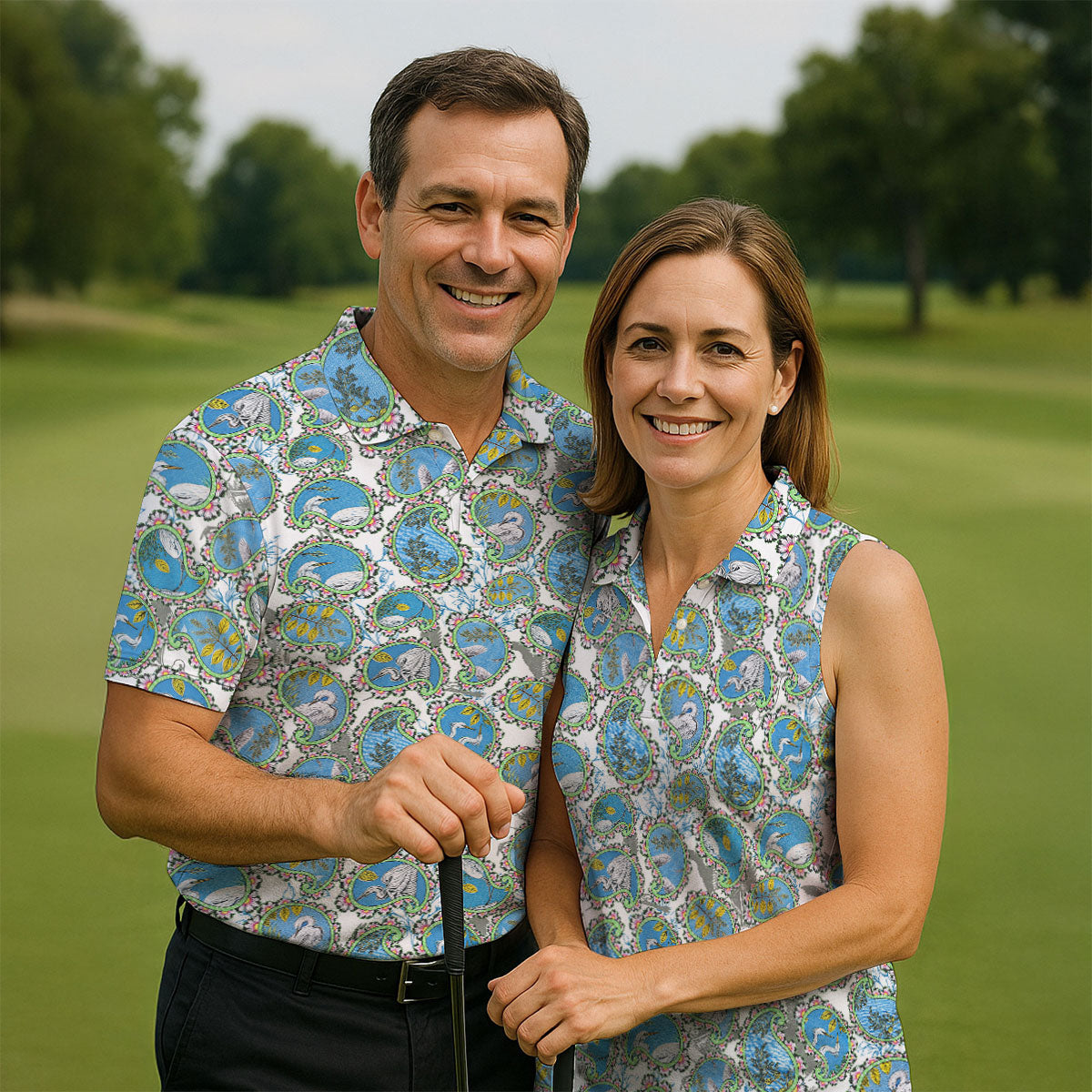 Paisley Flowers Heron Painting Print Golf Shirt, Polo Shirts For Men, Golf Shirts For Men