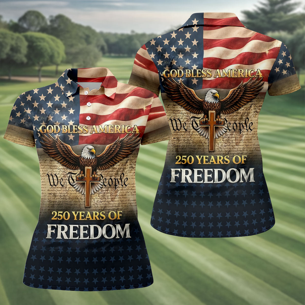 God Bless America 250 Years Of Freedom Retro Golf Shirt, Patriotic 4th Of July Golf Shirt For Women