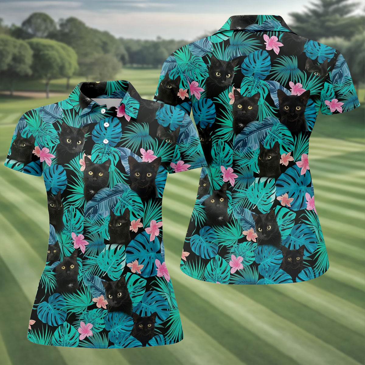 Black Cat Tropical Monstera Hawaiian Golf Polo Shirt, Golf Shirts For Women, Women's Golf Apparel