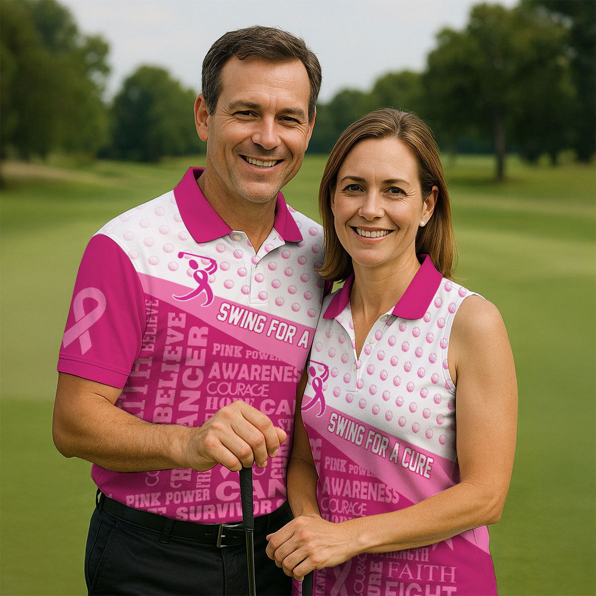Custom Swing For A Cure Breast Cancer Polo Shirt, Golf Shirts For Men, Printed Golf Shirts