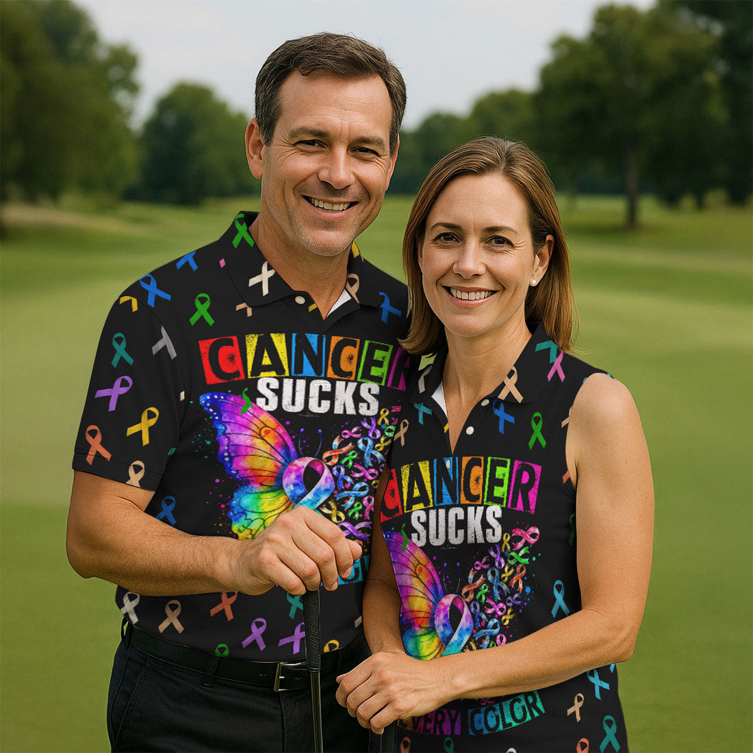 Cancer Sucks In Every Color Breast Cancer Polo Shirt, Golf Shirts For Men, Mens Golf Polo