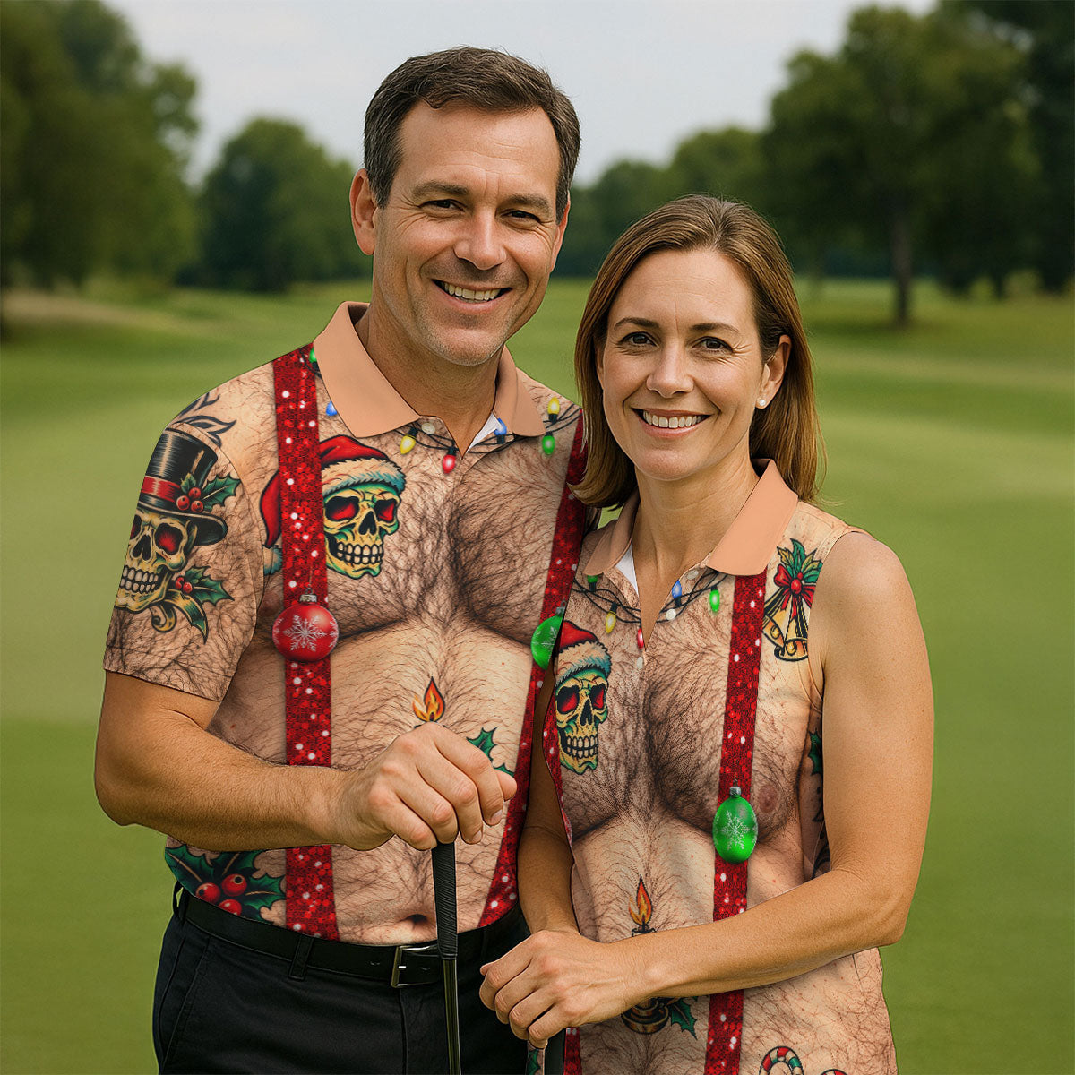 Santa Skull Hairy Chest Christmas Golf Shirt, Mens Golf Polo, Golf Shirts For Men