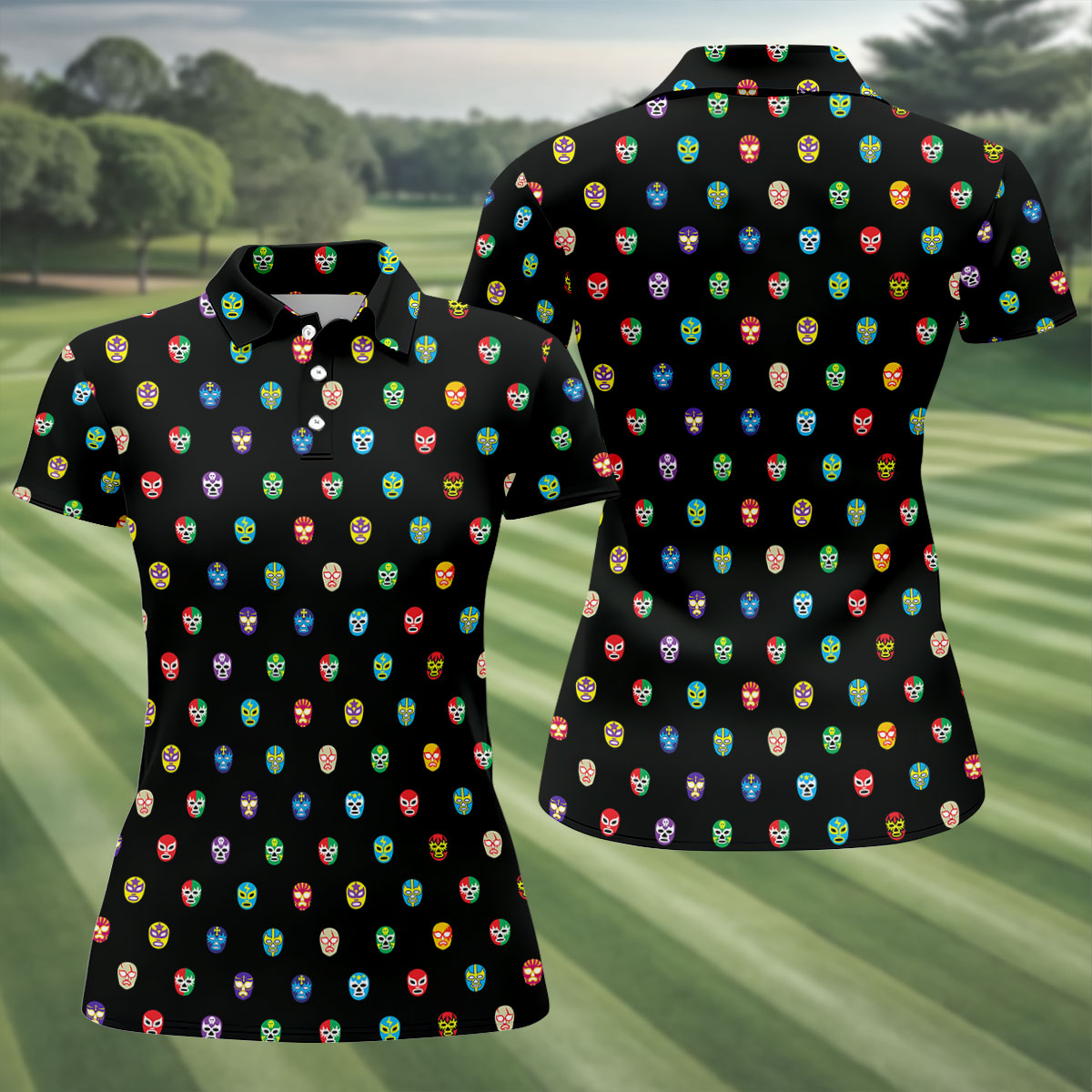 Colorful Retro Mask Print Golf Polo Shirt, Golf Shirts For Women, Women’s Golf Apparel