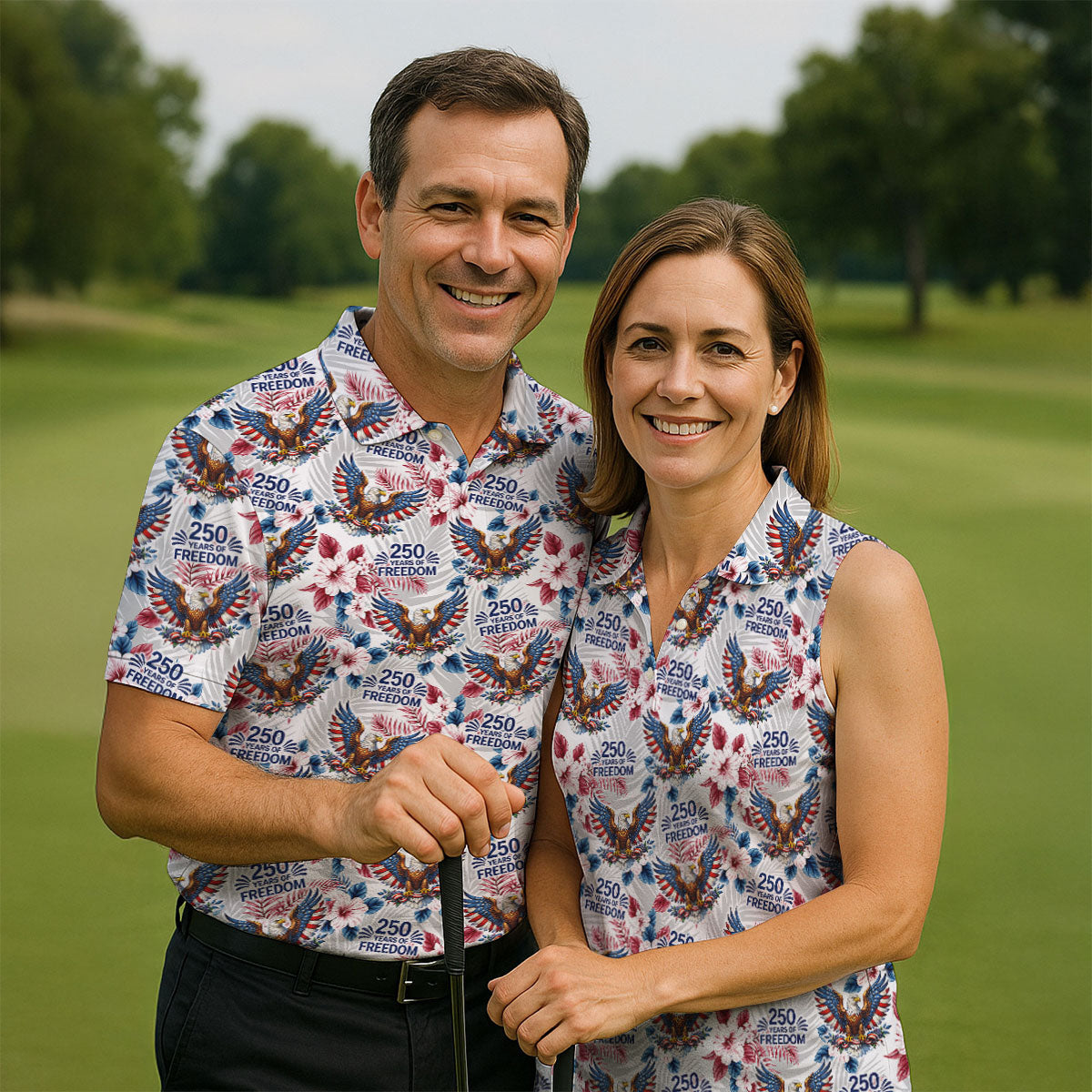 250 Years Of Freedom US Bald Eagle Tropical Theme Golf Tops For Men, Patriotic 4th Of July Golf Shirts For Men
