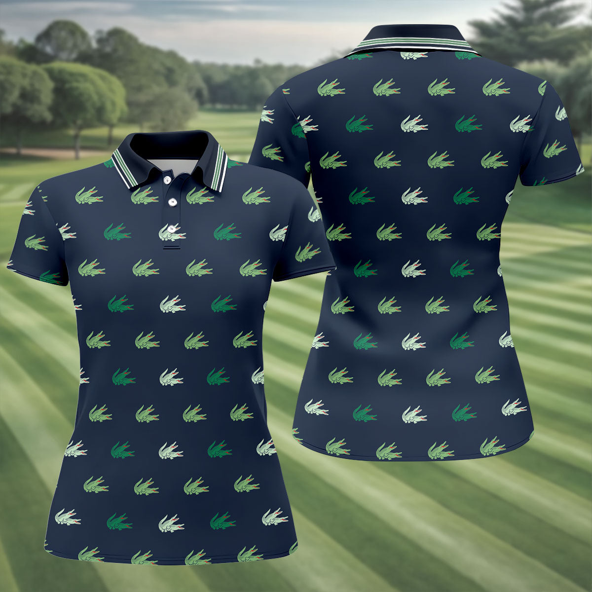 Navy Crocodile Pattern Sleeveless Golf Shirt, Women's Golf Shirt, Golf Polo For Women, Ladies Golf Shirt