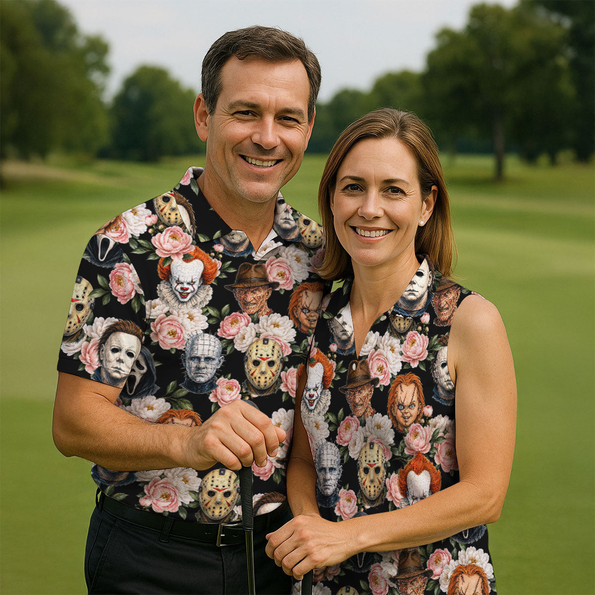 Horror Icons Floral Hawaiian Golf Shirt, Men's Golf Shirt, Printed Golf Shirts