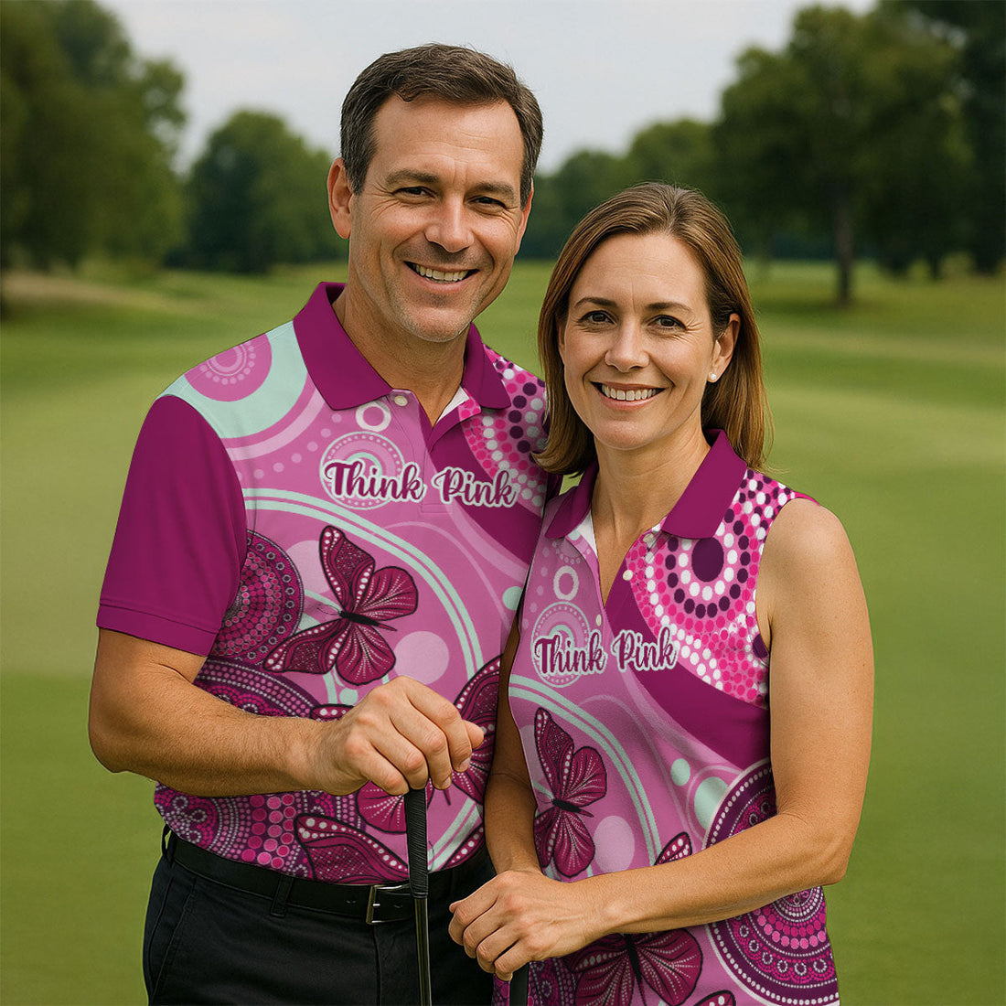 Think Pink No One Fights Alone Breast Cancer Shirt, Men's Golf Shirt, Mens Golf Polo