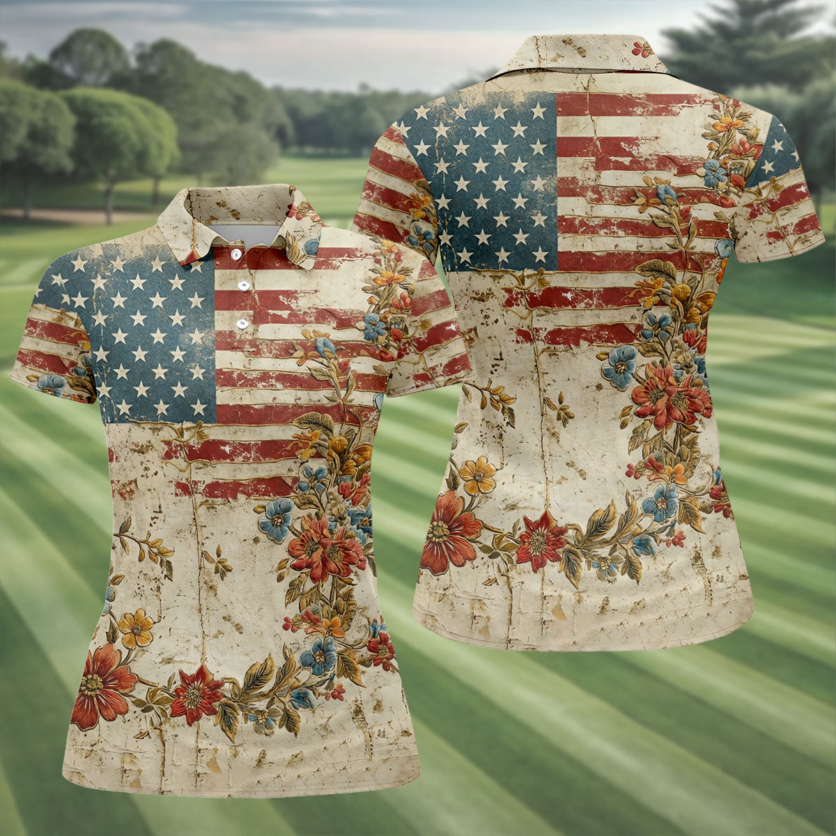 Floral American Flag Vintage Golf Shirt, 250 Years Patriotic 4th Of July Golf Shirt For Women