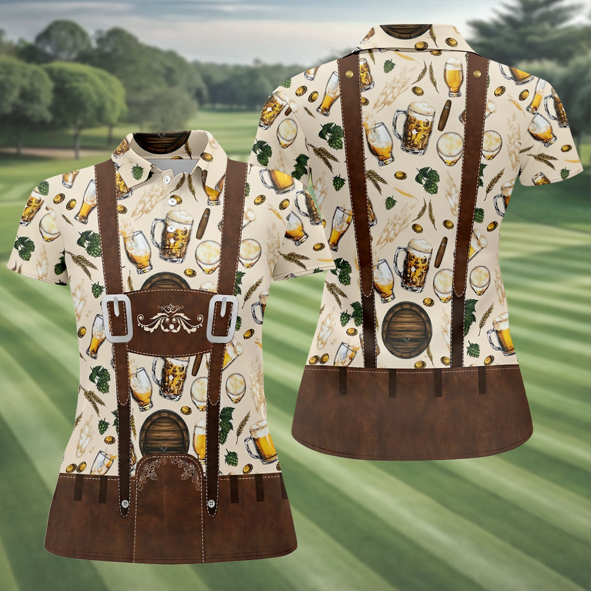 Oktoberfest Lederhosen Beer Pattern Golf Polo Shirt, Hawaiian Golf Shirt, Women’s Golf Polo