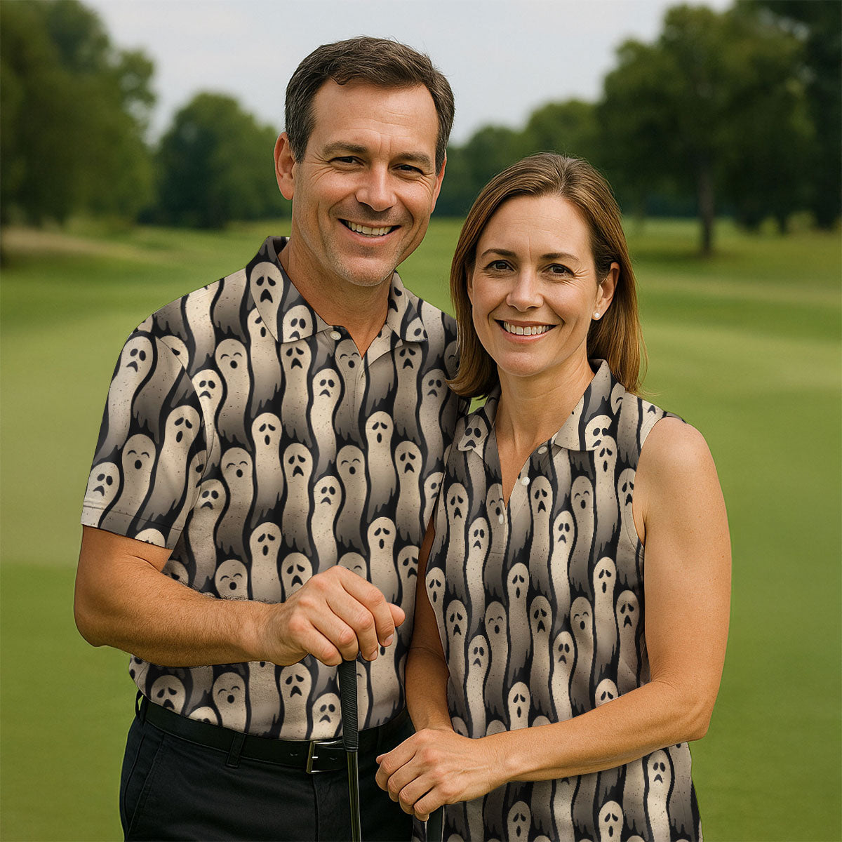 Halloween Ghost Pattern Golf Polo Shirt, Men's Golf Shirts, Hawaiian Golf Shirt