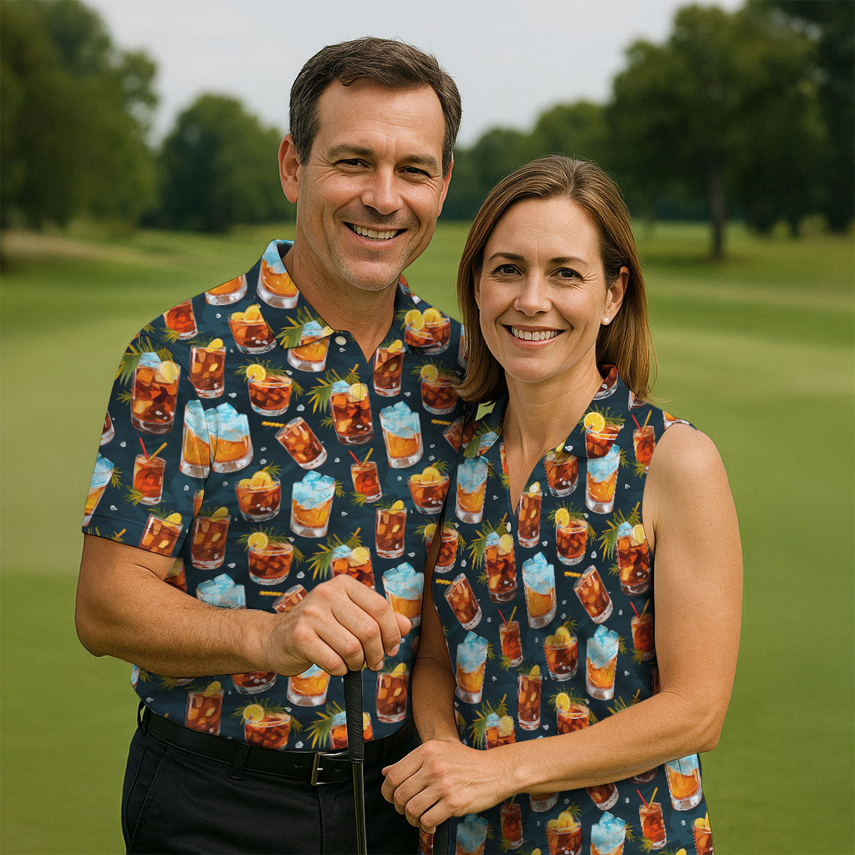 Summer Cocktail Pattern Hawaiian Golf Shirt, Mens Golf Apparel, Golf Polo Shirts For Men