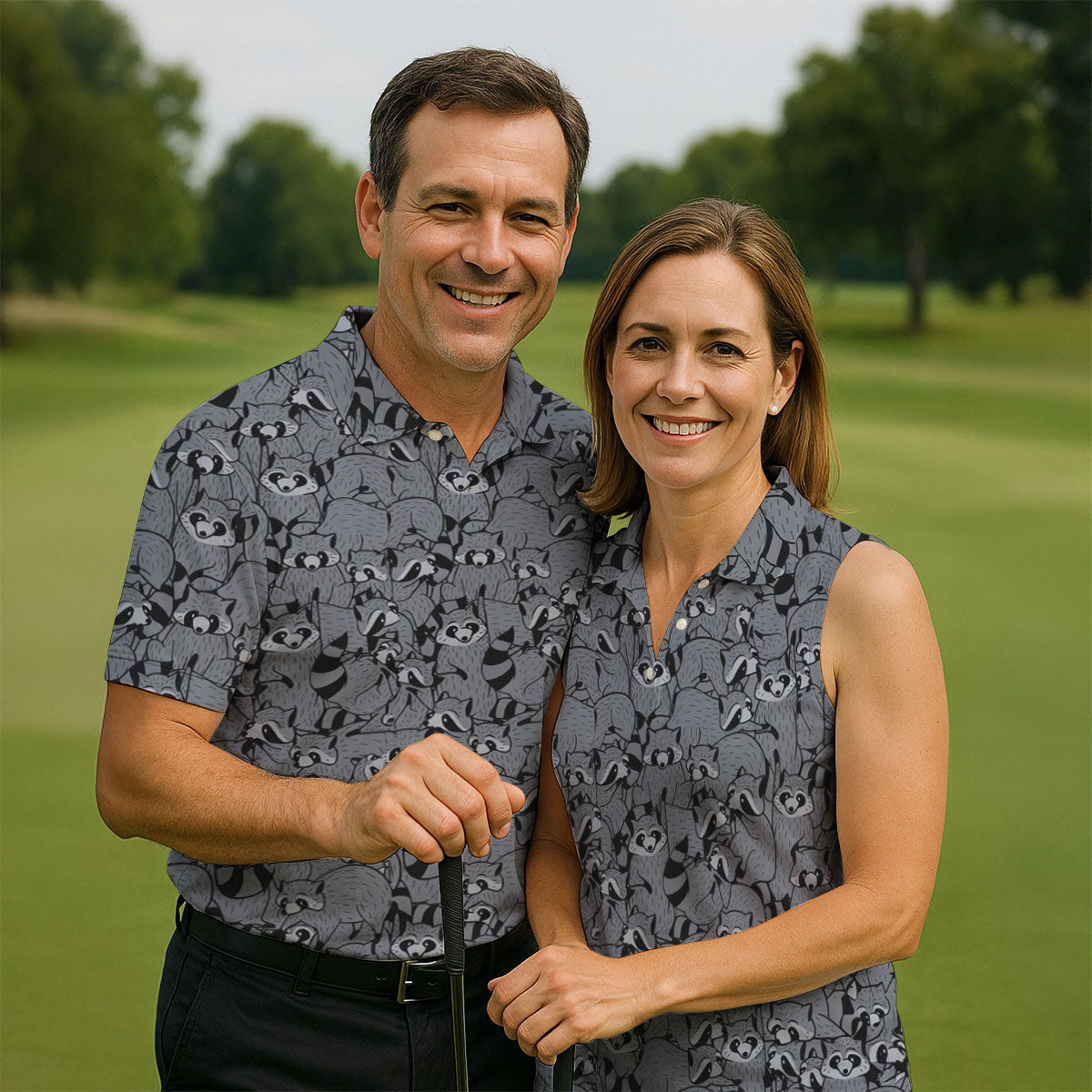 Gray Cartoon Raccoon Pattern Golf Polo Shirt, Men's Golf Shirt, Golf Polo Shirts For Men