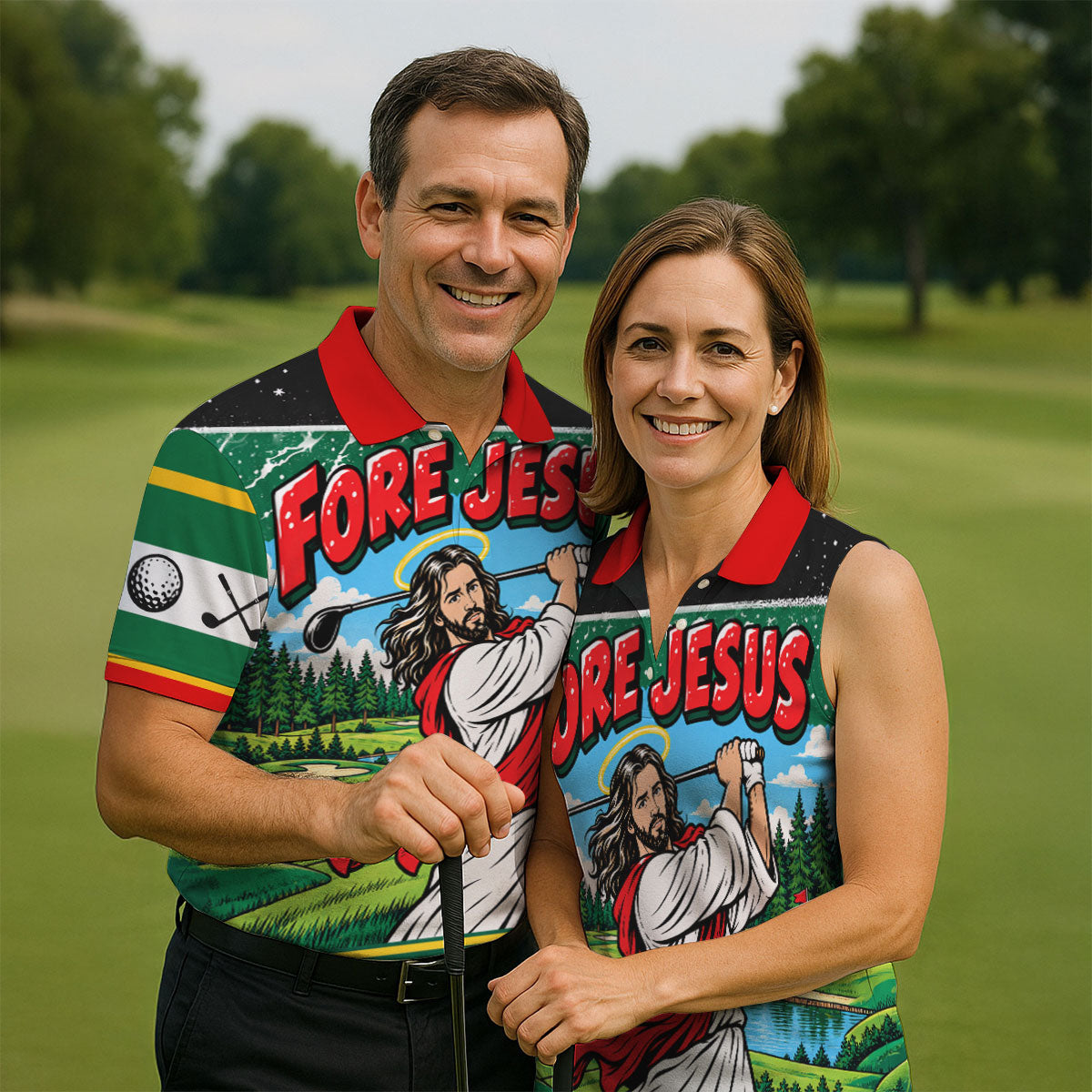Fore Jesus Golf Swing Christmas Golf Shirt, Mens Golf Apparel, Mens Golf Clothing