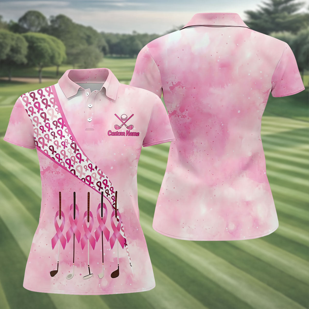 Custom Golf Club Breast Cancer Ribbon Polo Shirt, Womens Golf Tops, Ladies Golf Shirts