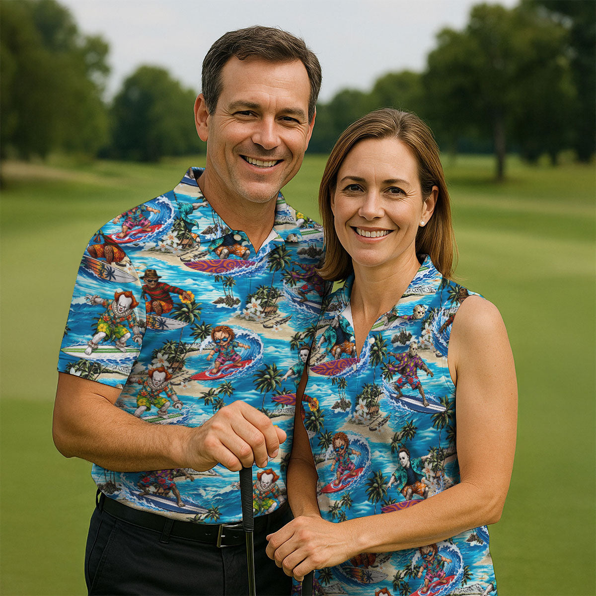 Horror Surfing Hawaiian Golf Shirt, Tropical Golf Tops, Golf Shirts For Women