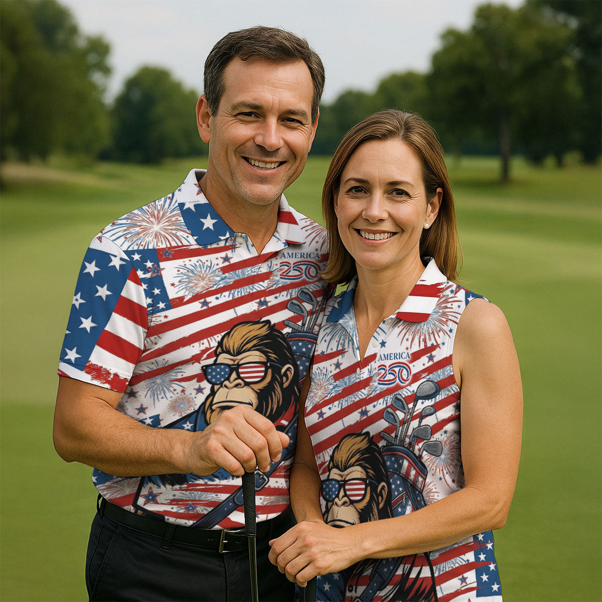 Red White Blue Stars And Stripes 250 Years Bigfoot Golf Shirt, Patriotic 4th Of July Golf Shirts For Men