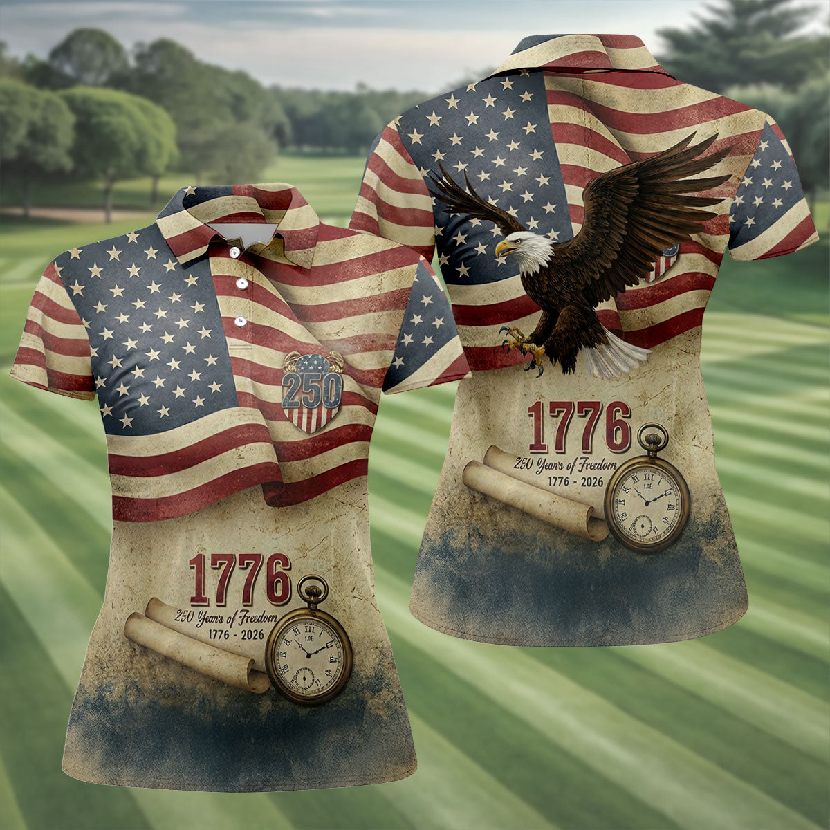 250 Years Of Freedom Vintage Golf Shirt, 4th Of July Patriotic Golf Shirt For Women