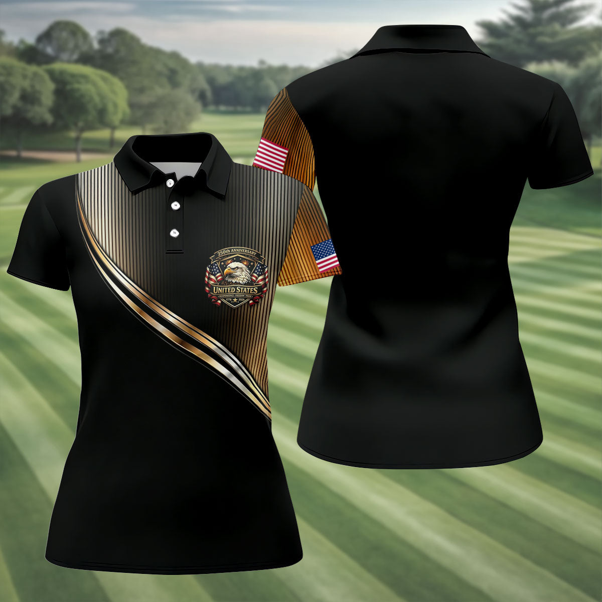 250th Anniversary Metallic Looking Patriotic Golf Shirt, 4th Of July Golf Shirt For Women