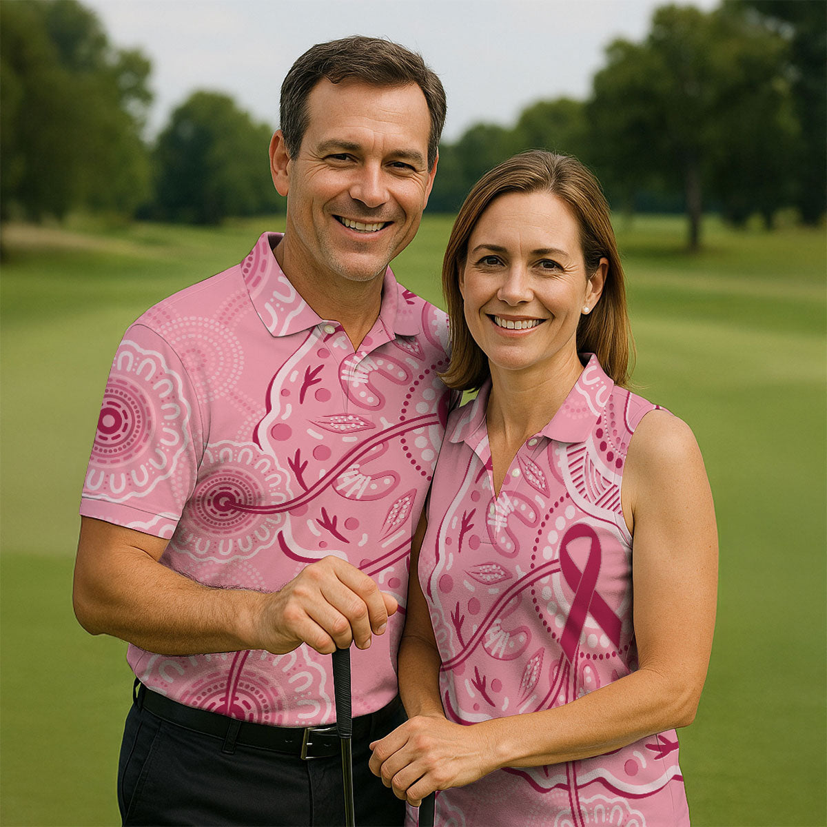 Australia Indigenous Pink Ribbon Men's Golf Shirt, Breast Cancer Awareness Shirt, Golf Shirts For Men