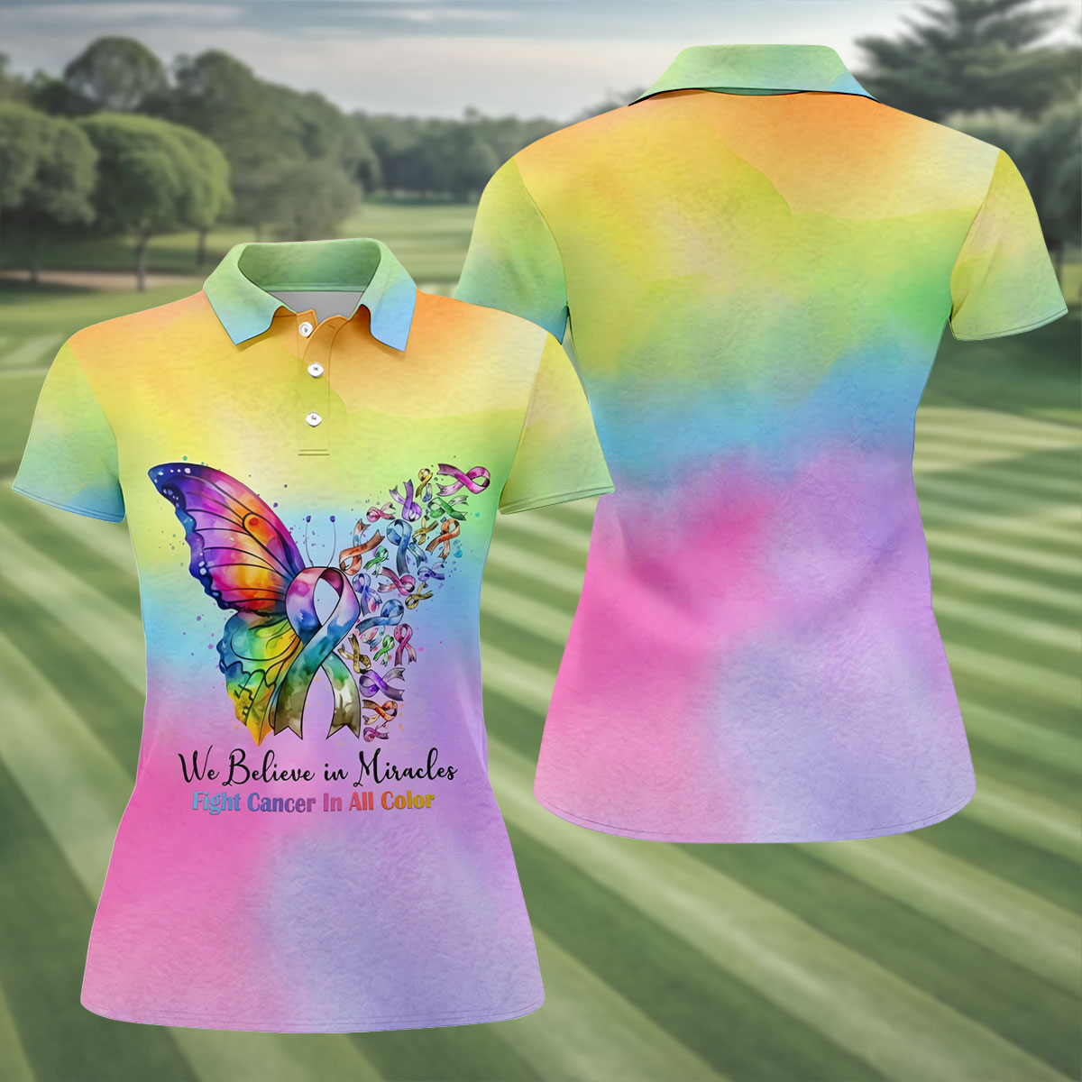 We Believe In Miracles Butterfly Cancer Polo Shirt, Golf Polo For Women, Ladies Golf Top