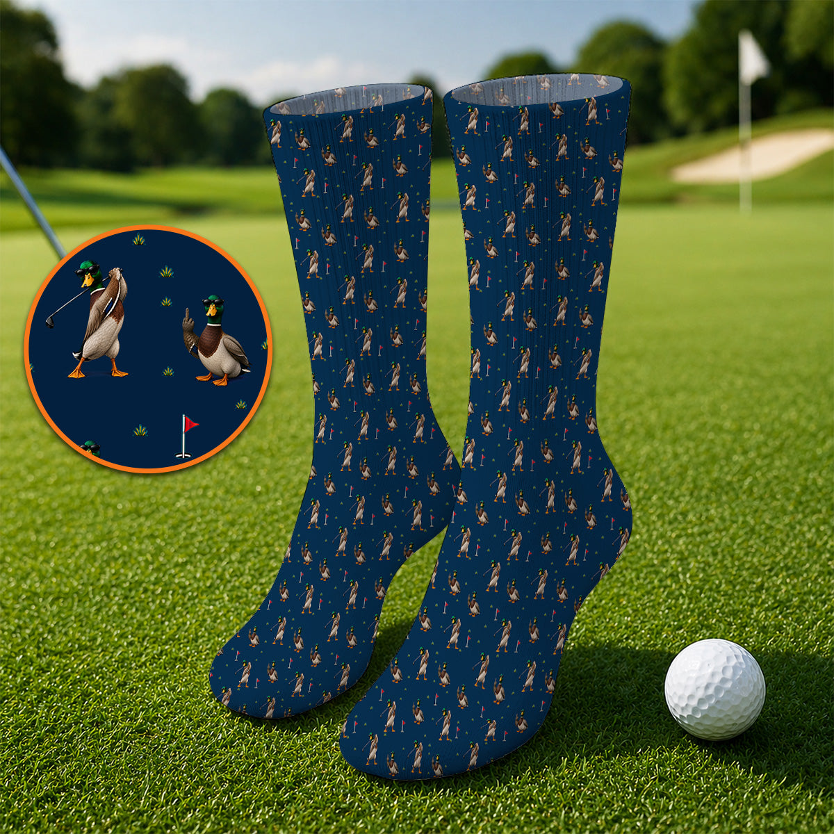 Funny Mallard Duck Golf Socks, Waterfowl Golf Pattern Sock, Gift For Duck Hunting & Golf Lovers
