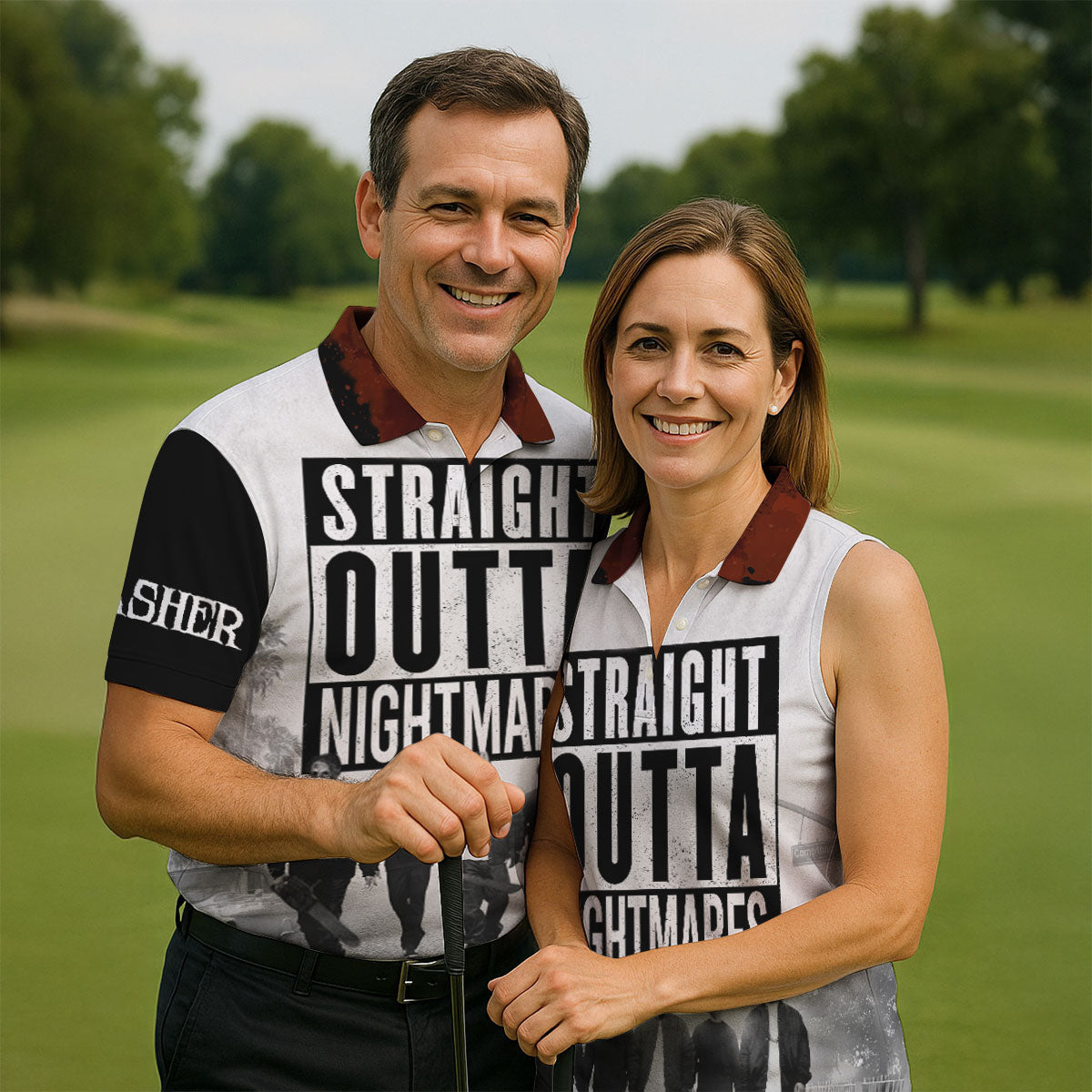 Straight Outta Nightmares Horror Character Golf Polo Shirt, Mens Golf Shirts, Hawaiian Golf Shirt