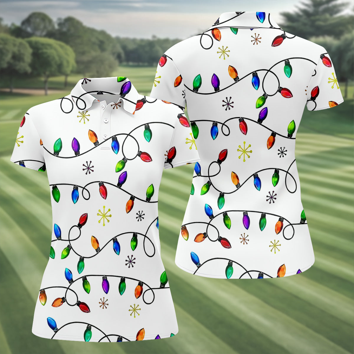 Christmas Light Print Fun Women's Golf Shirts, Christmas Golf Shirt, Unique Gift For Golfer, Ladies Golf Polos