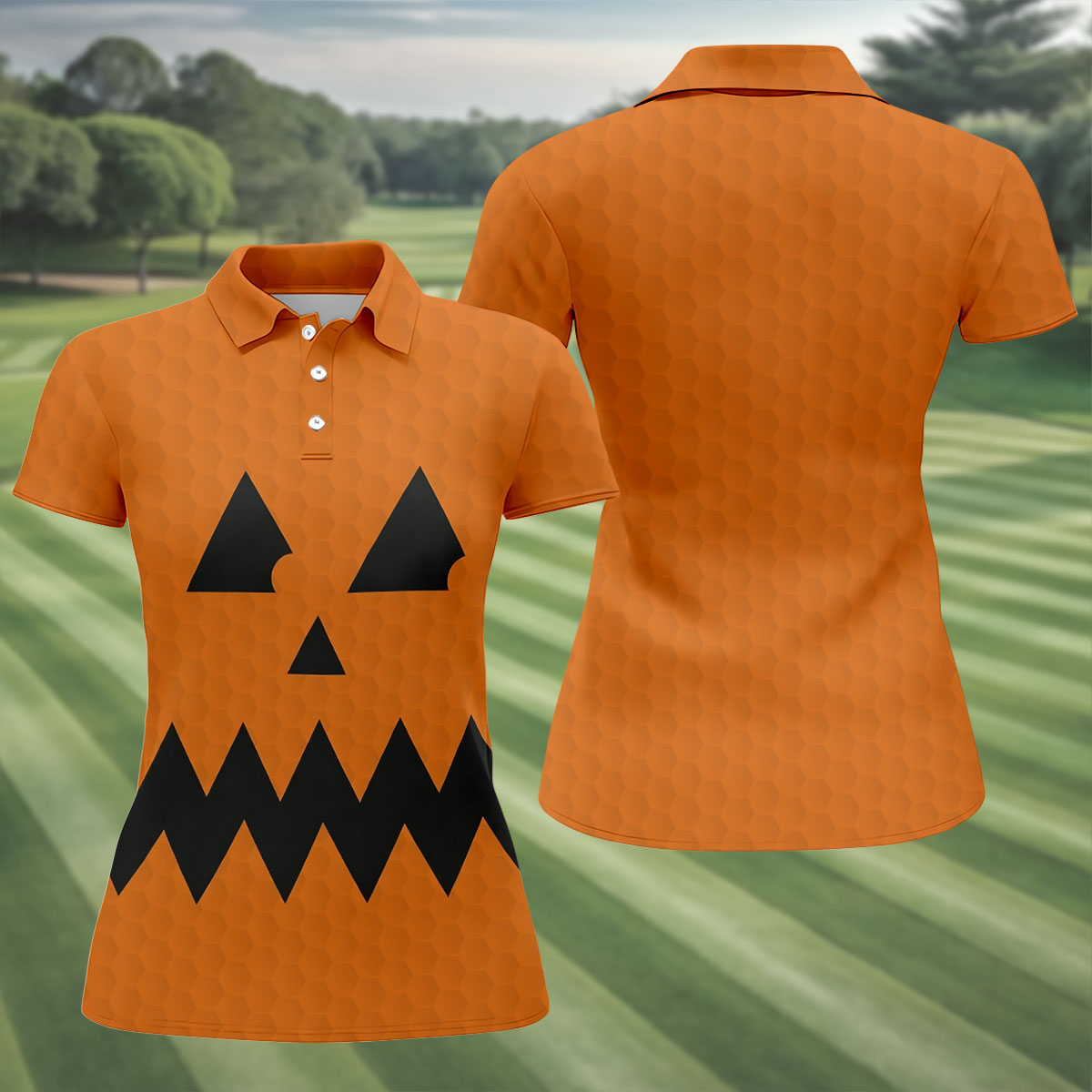 Halloween Jack O Lantern Golf Shirt, Women's Golf Polo, Ladies Golf Tops