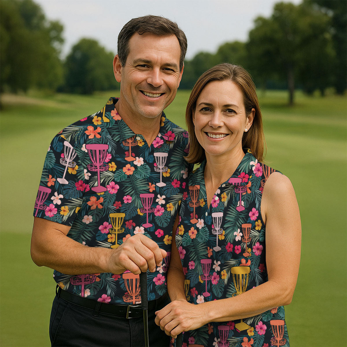 Dark Tropical Disc Golf Basket Polo Shirt, Printed Golf Shirts, Golf Apparel For Men