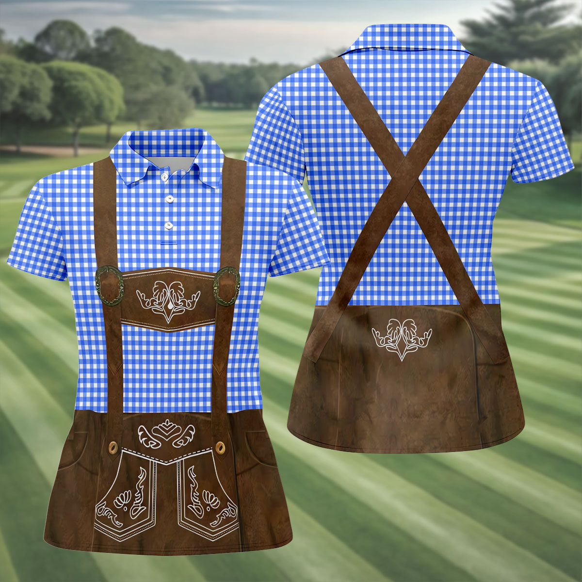 Women's Blue Oktoberfest Lederhosen Illusion Sleeveless Golf Polo, Women’s Golf Tops, Ladies Golf Shirts