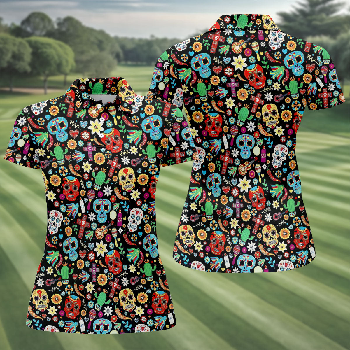 Skull With Flowers Cinco De Mayo Celebration Fiesta Themed Ladies Golf Tops, Golf Shirt For Women