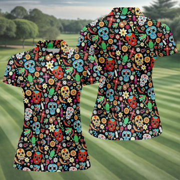 Skull With Flowers Cinco De Mayo Celebration Fiesta Themed Ladies Golf Tops, Golf Shirt For Women