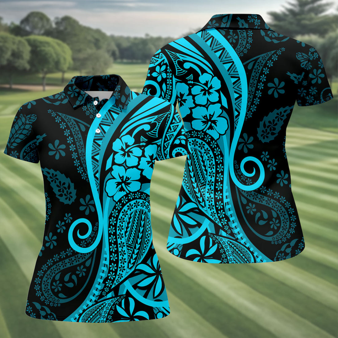 Island Tribal Golf Shirt, Blue Hawaiian Hibiscus Polo, Polo Shirts For Women