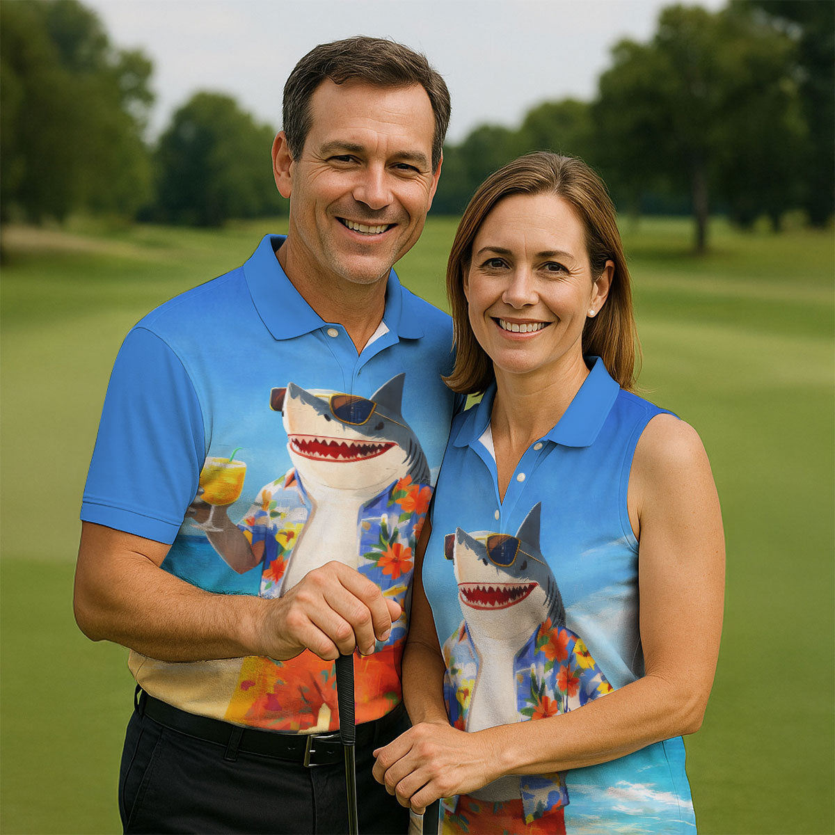 Funny Shark On Tropical Beach Vacation Golf Polo Shirt, Golf Shirts For Men, Hawaiian Golf Shirt