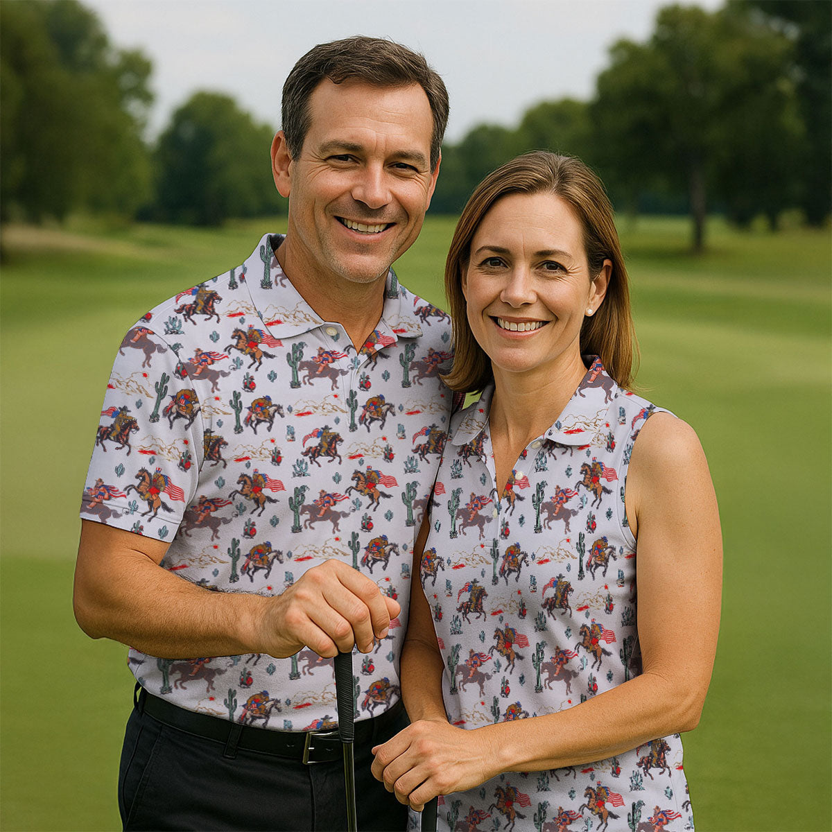 Patriotic Cowboy Horse Pattern Golf Polo Shirt, Men's Golf Polo, Hawaiian Golf Shirt