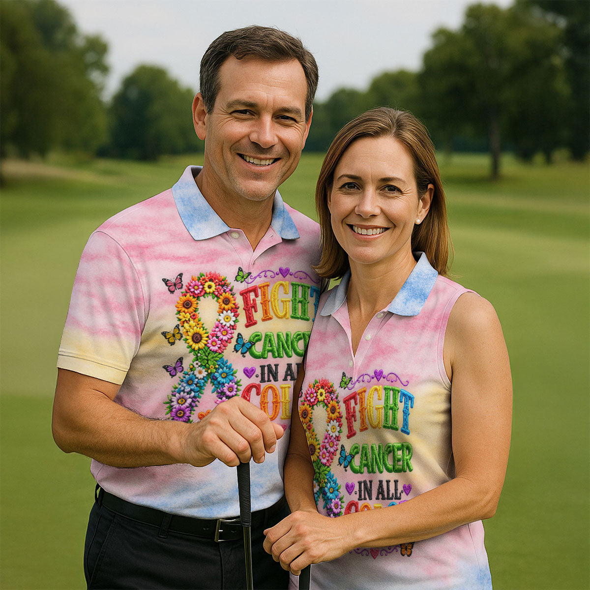 Fight Cancer In All Color Floral Ribbon Polo Shirt, Mens Golf Polo, Printed Golf Shirts