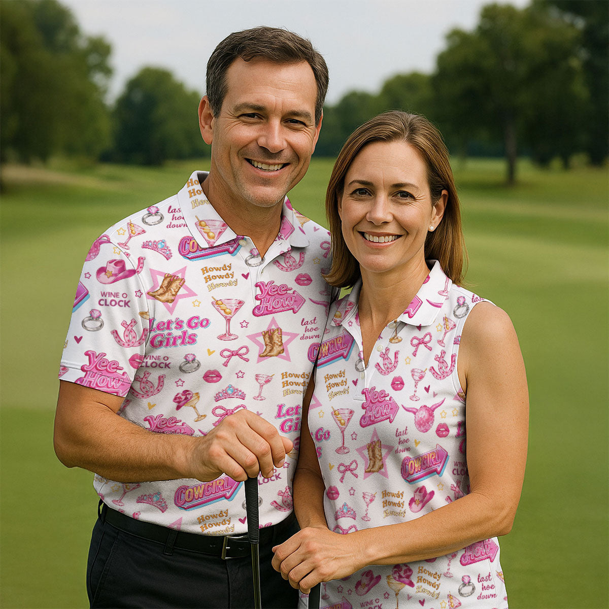 Pink Cowgirl Western Party Icons Golf Polo Shirt, Golf Shirts For Women, Ladies Golf Shirt