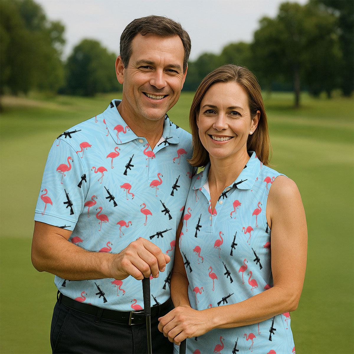 Light Blue Flamingo Pattern Golf Polo Shirt, Men's Golf Shirt, Golf Polo Shirts For Men