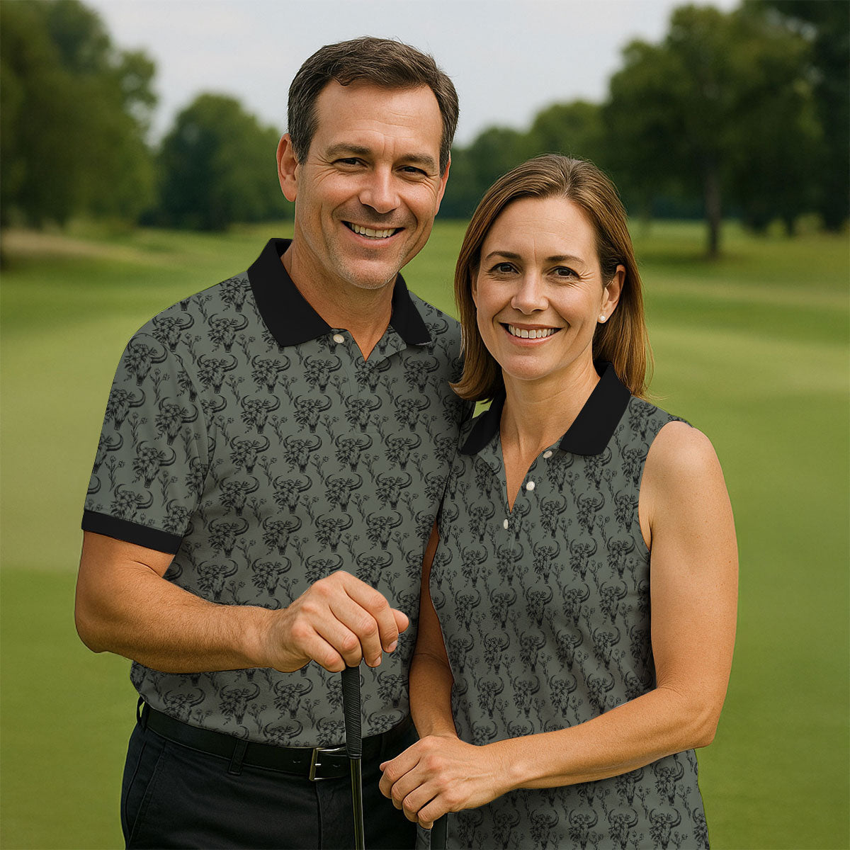 Cow Skull With Flowers Western Theme Forest Green Golf Tops For Men, Polo Shirts For Men, Golf Shirts For Men