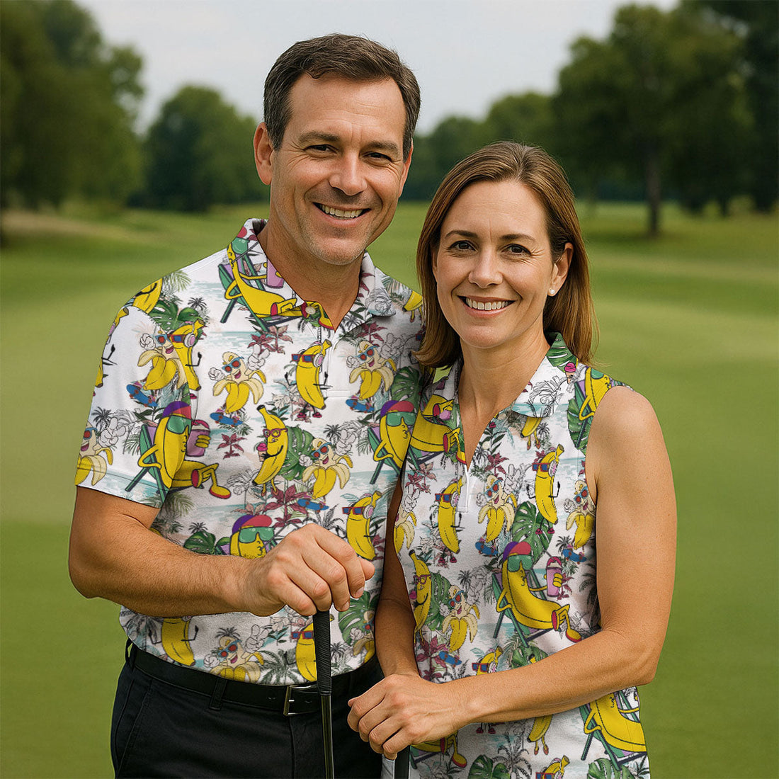 Cartoon Banana Characters On Tropical Island Hawaiian Golf Polo, Golf Tops For Men, Golfing Apparel